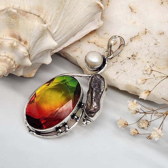 Red/Green Ametrin black Tahitian Pearl Stone Silver 925 Pendant - Picture 6 of 10